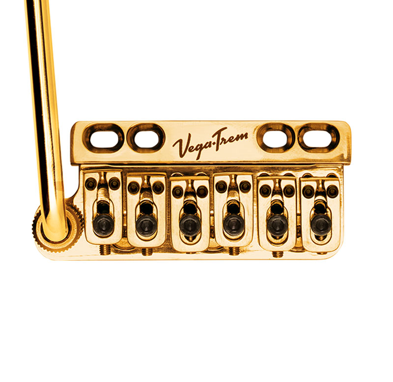 Vega-Trem VT1 Ultra Trem standard bridge in Gold finish (left-handed unit shown; finish is the same on right-handed models)