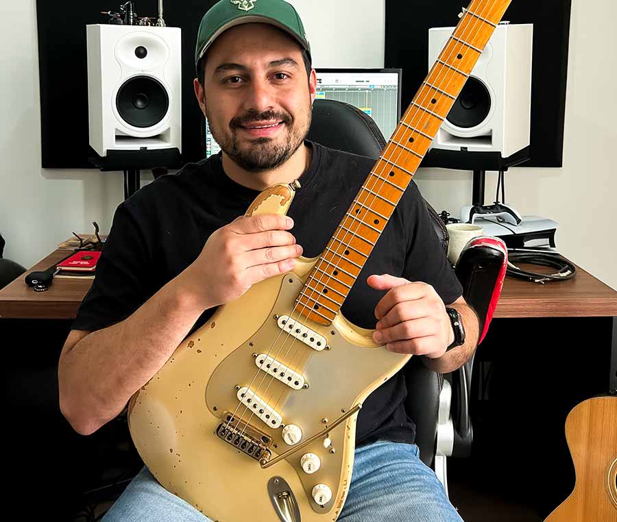 Guitarist Andres Herrera shows us his guitar, which is fitted with a Vega Trem VT1 Ultra Trem Gold tremolo.