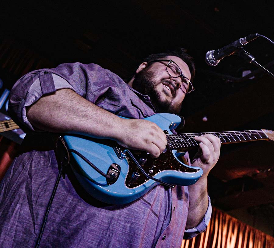 The guitarist Kent Crawley is playing his guitar and a VT1 Ultra Trem tremolo